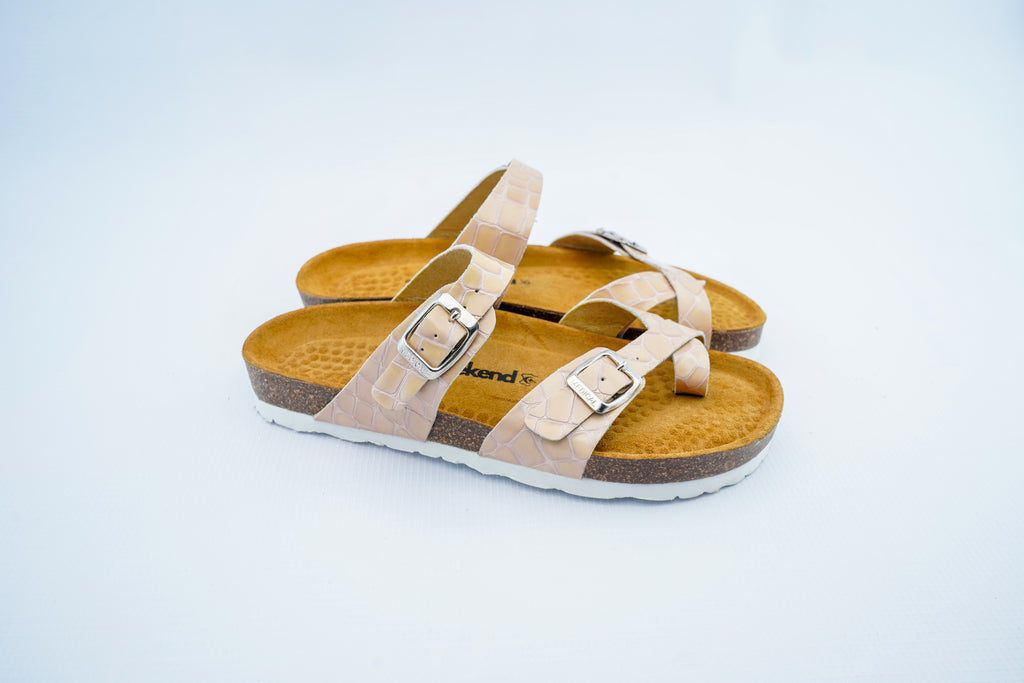 Women’s Beige Crocodile Pattern Orthopedic Cross Strap Sandals | Double Buckle Slippers