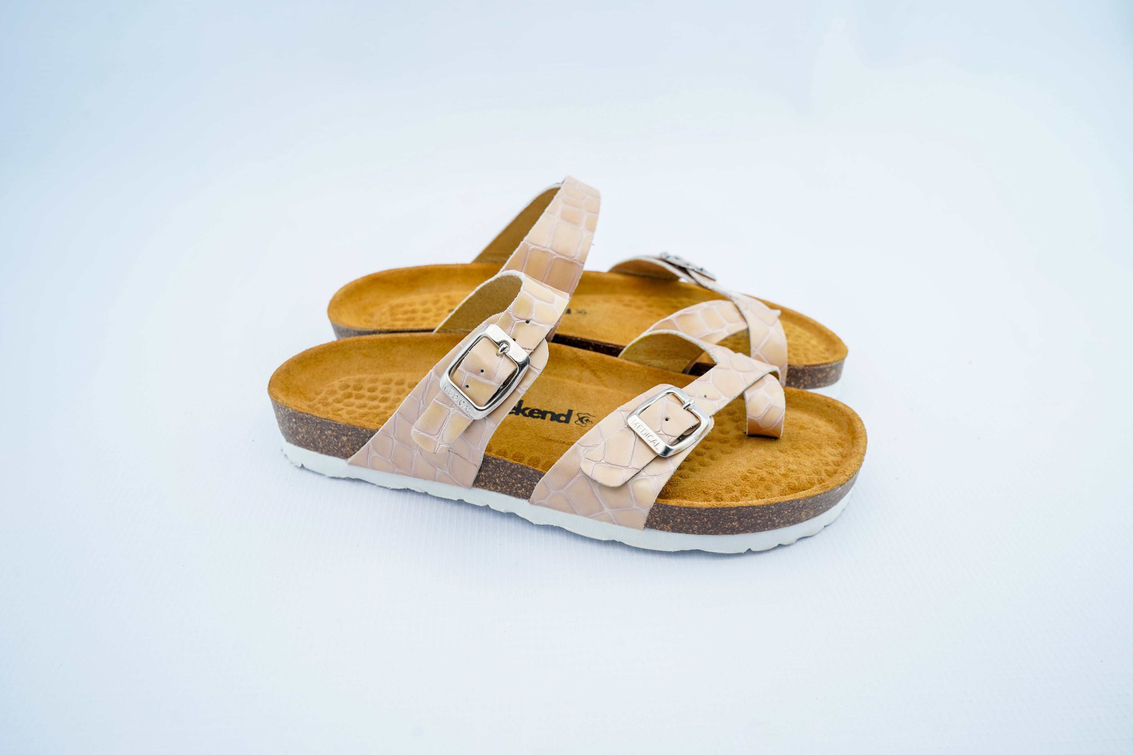 Women’s Beige Crocodile Pattern Orthopedic Cross Strap Sandals | Double Buckle Slippers