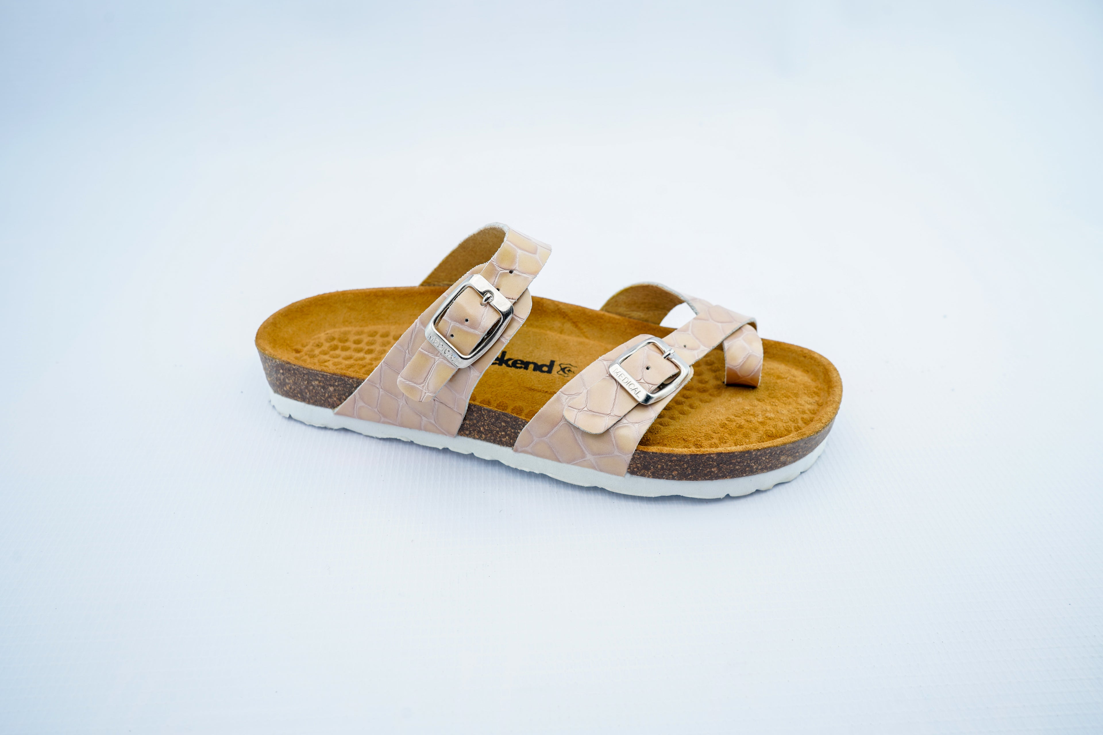Women’s Beige Crocodile Pattern Orthopedic Cross Strap Sandals | Double Buckle Slippers