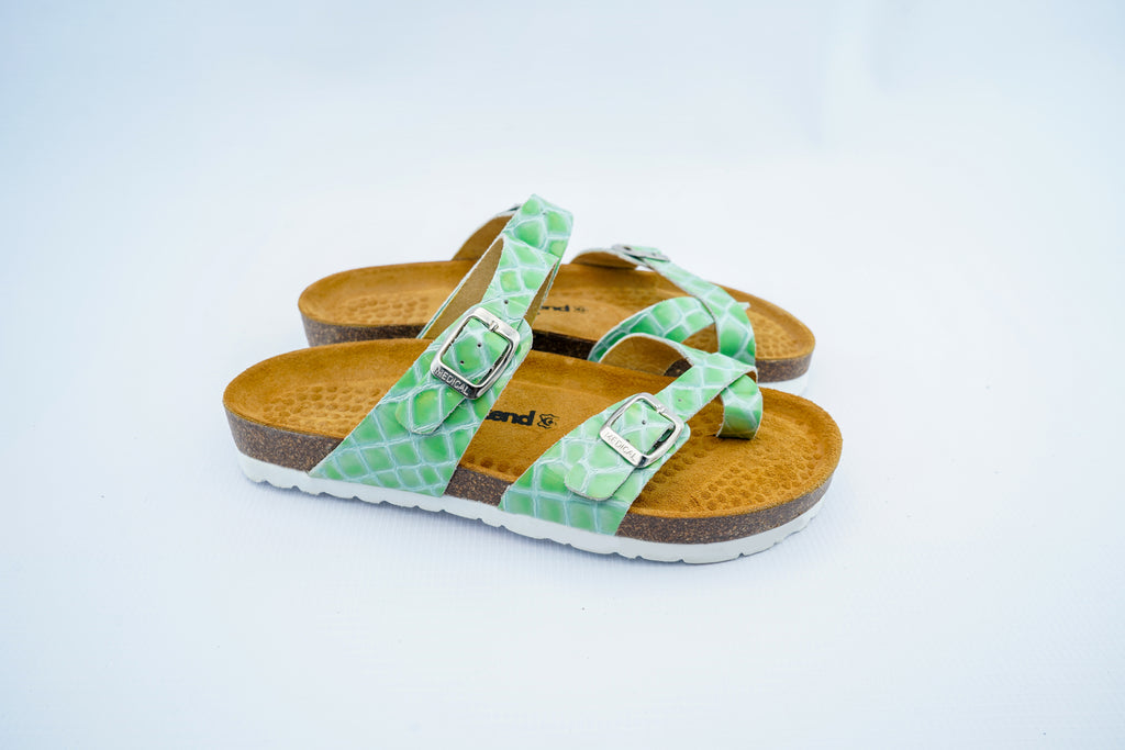 Women’s Triple Strap Green Medical Sandals | Orthopedic Croc Pattern Comfort Slides
