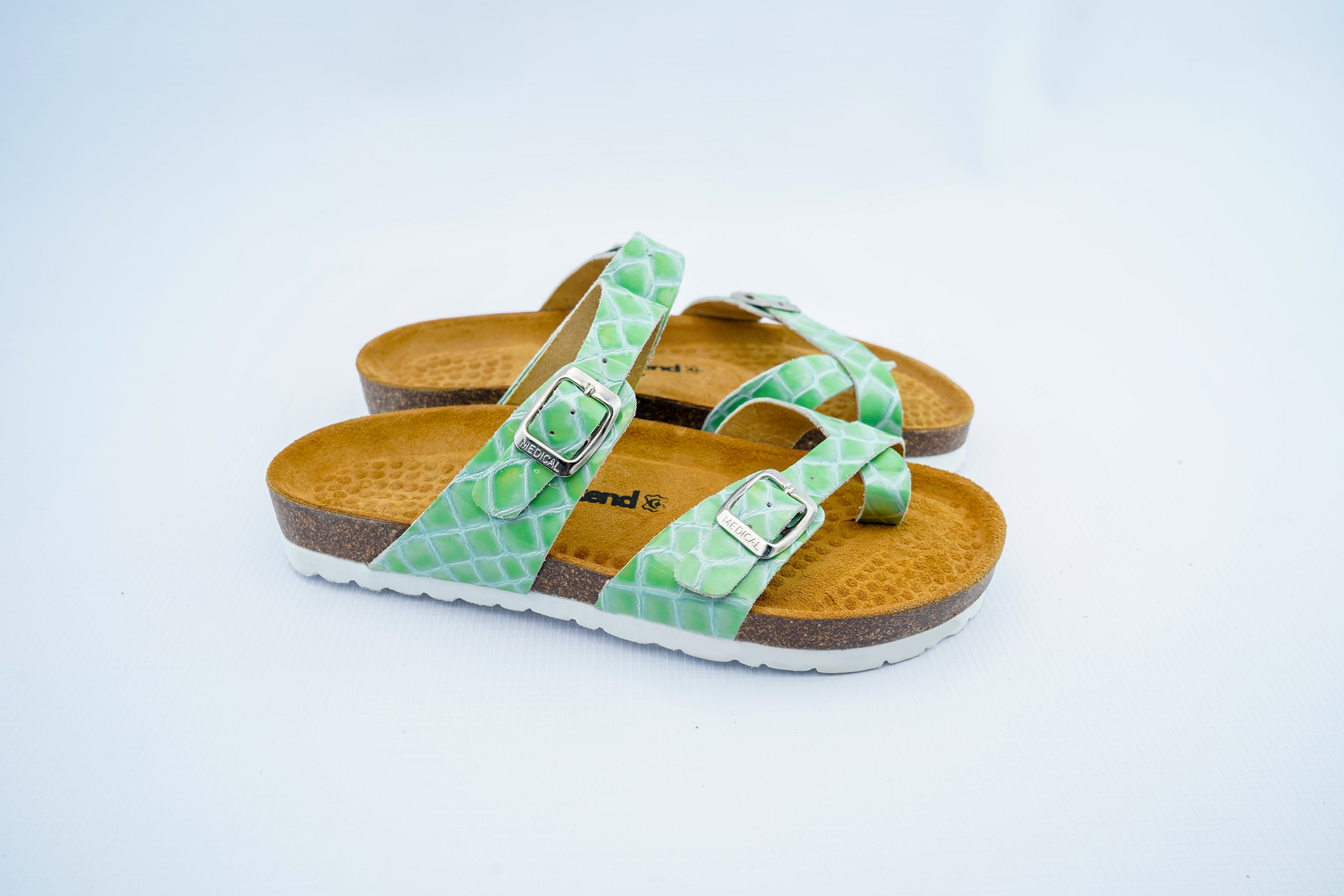 Women’s Triple Strap Green Medical Sandals | Orthopedic Croc Pattern Comfort Slides