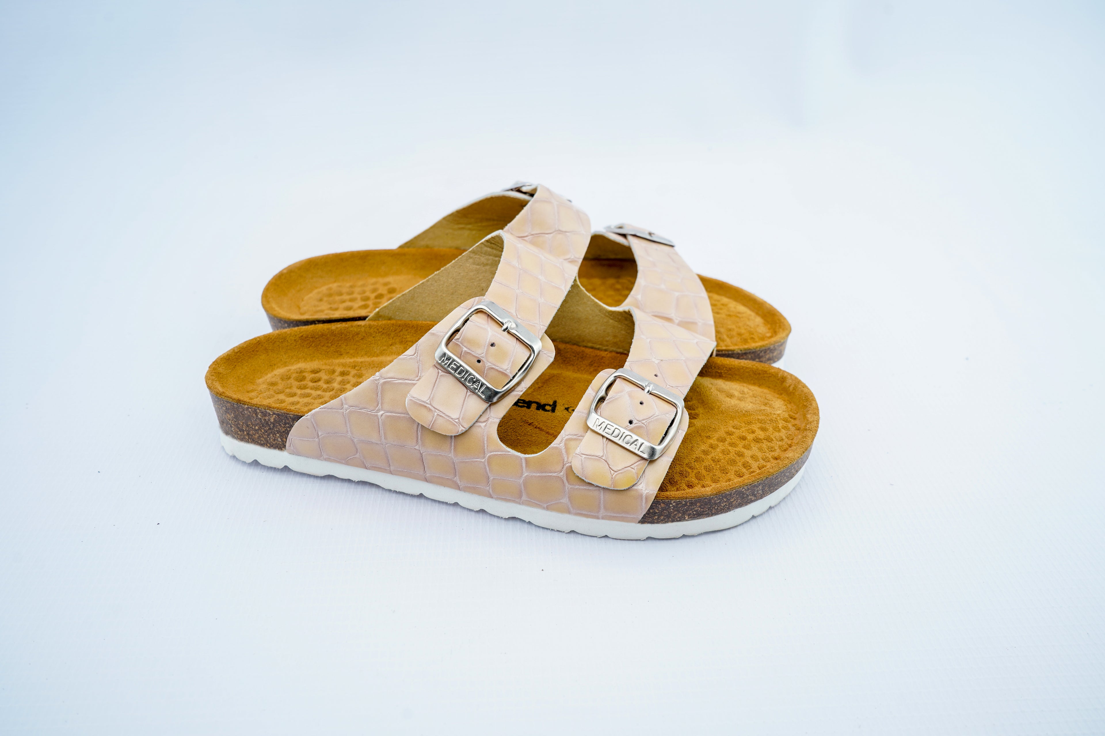 Women’s Beige Double Strap Medical Sandals | Crocodile Pattern Orthopedic Slippers