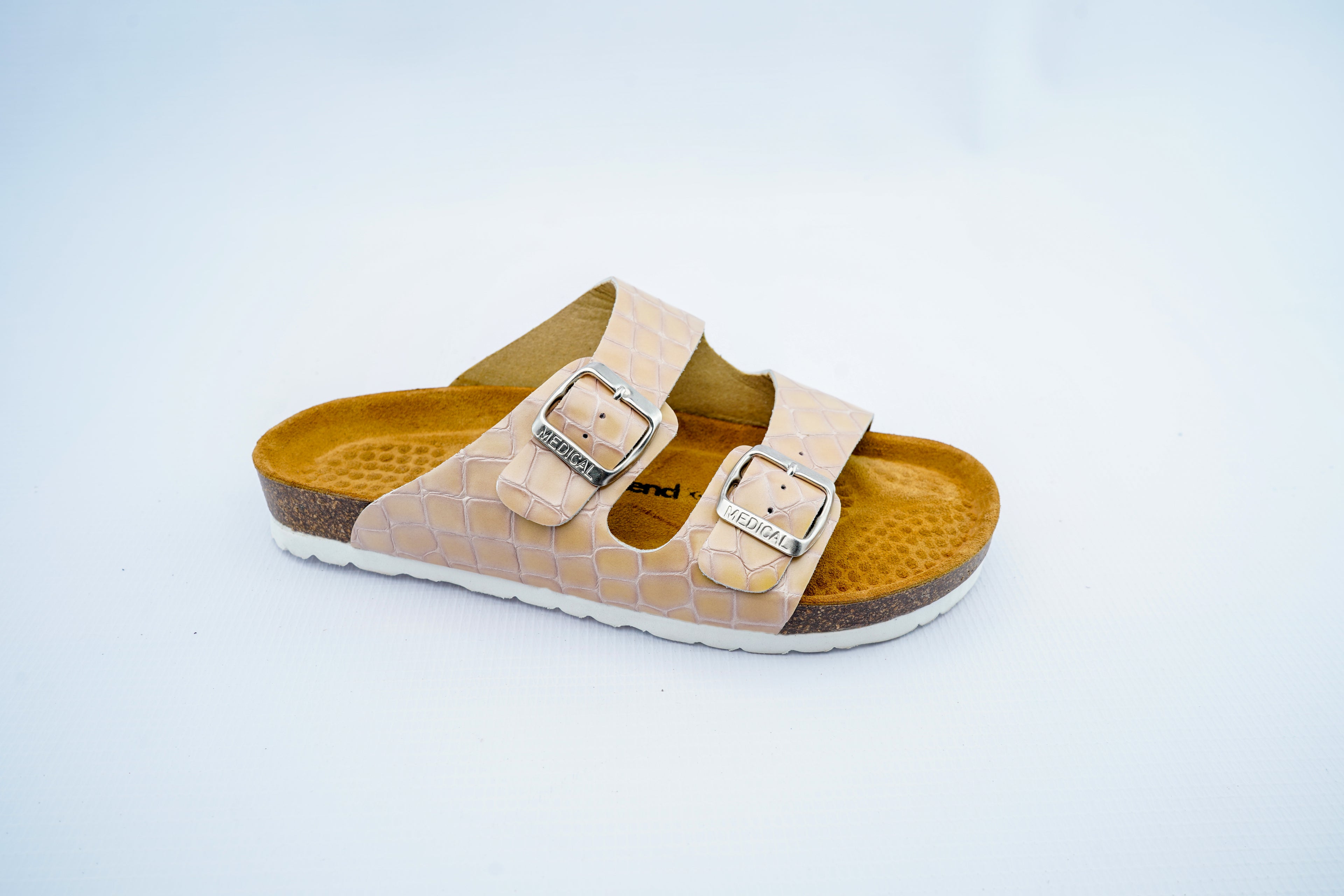Women’s Beige Double Strap Medical Sandals | Crocodile Pattern Orthopedic Slippers