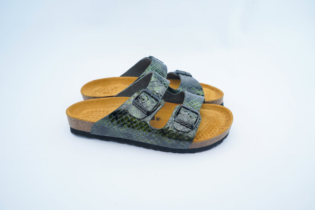 Green Snake Leather Slide – Women’s Medical Comfort Sandals