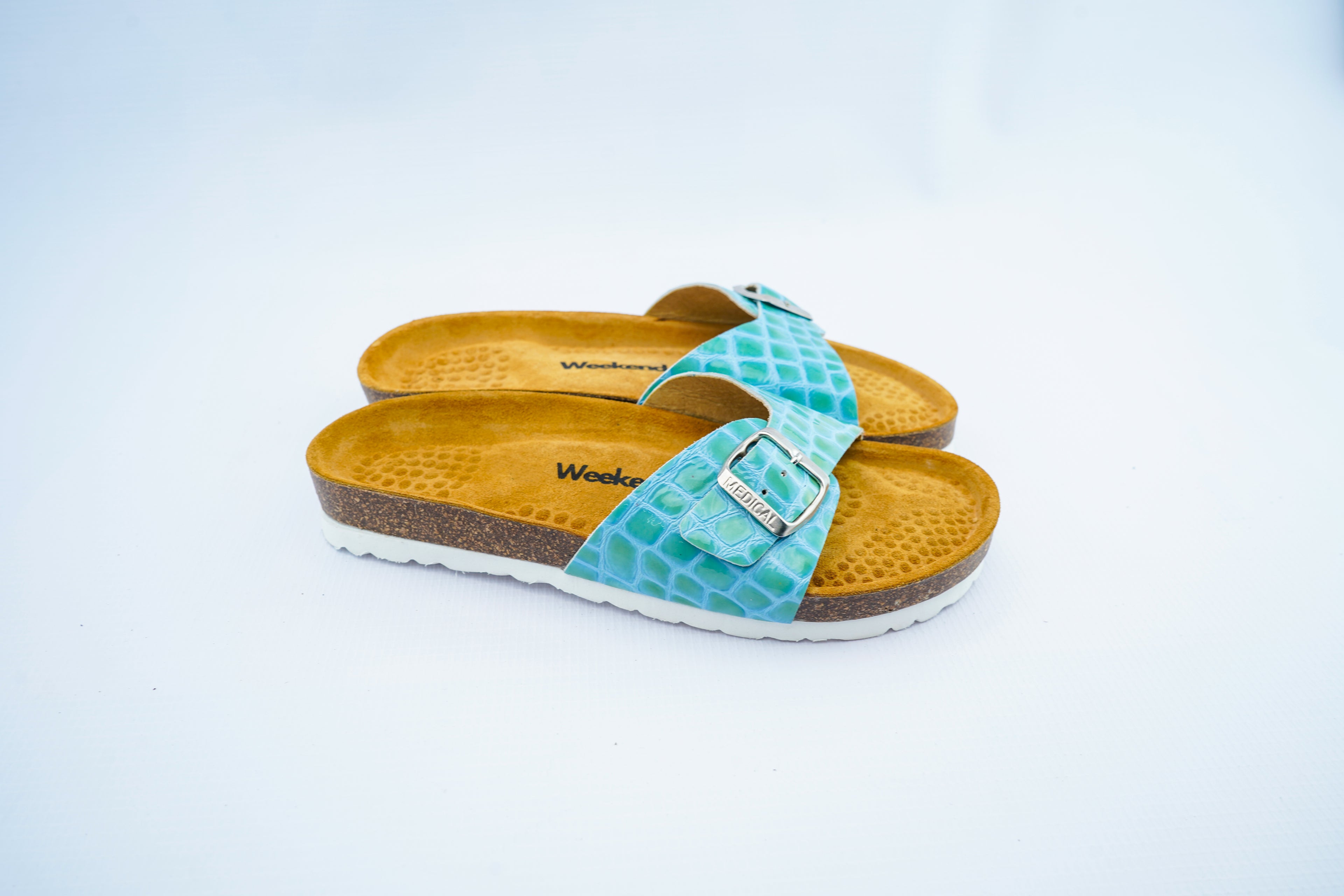 Turquoise Croc Leather Slide – Comfort Medical Sandals for Women