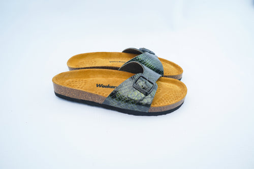 Green Snake Leather Slide – Single Strap Medical Comfort Sandals for Women