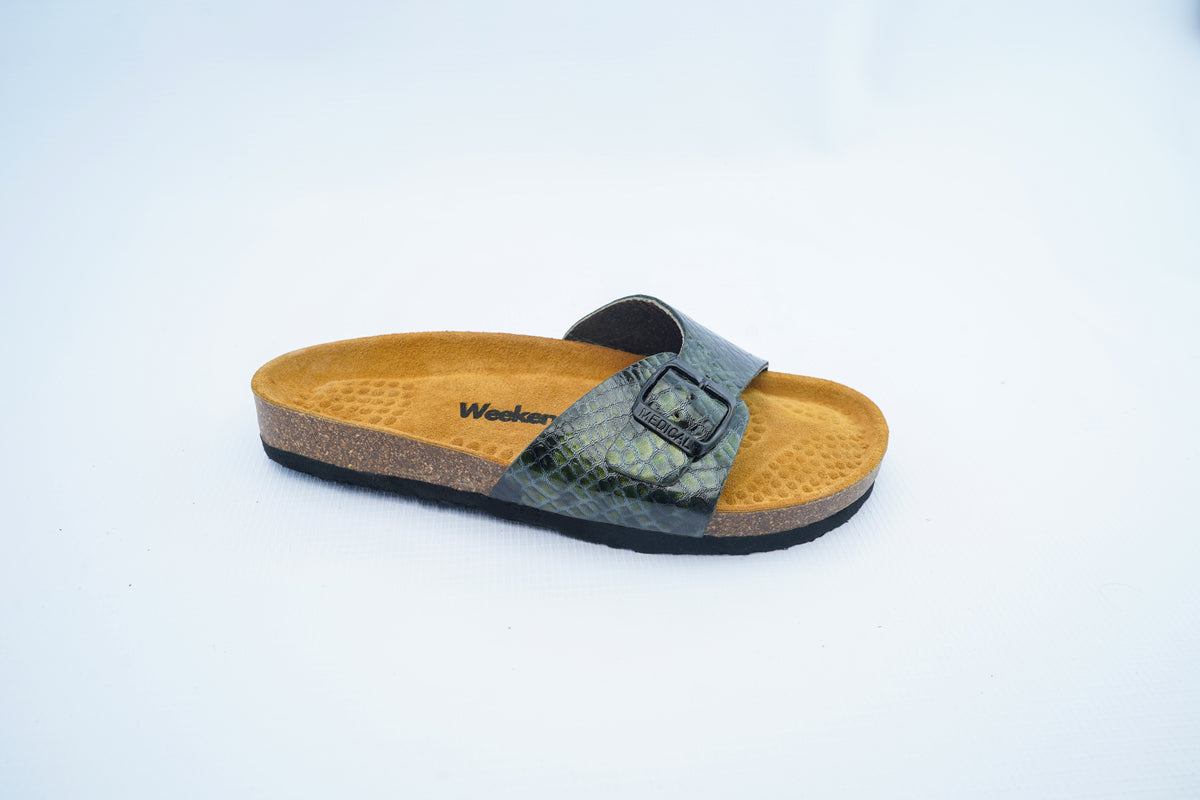 Green Snake Leather Slide – Single Strap Medical Comfort Sandals for Women