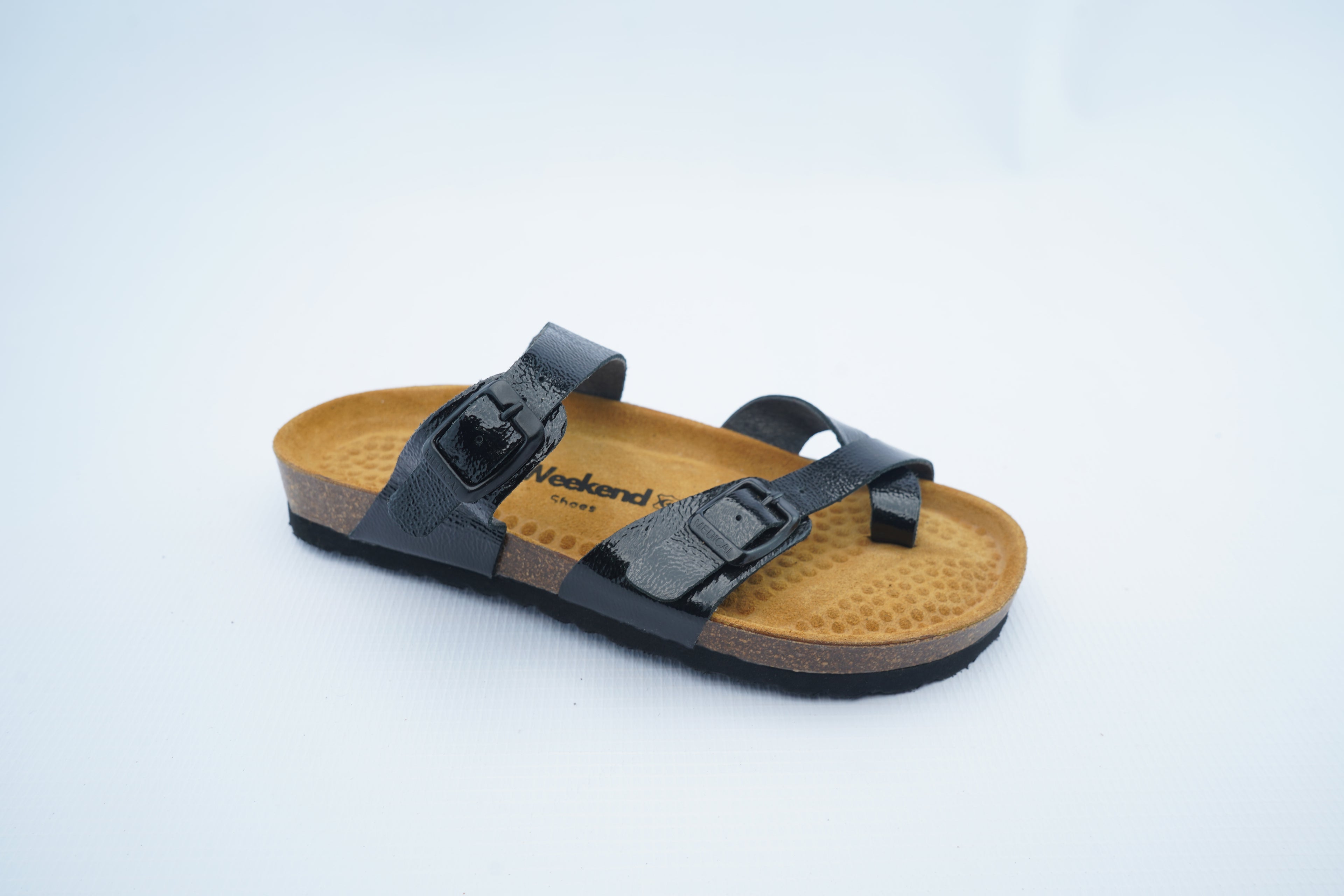 Women’s Black Glossy Orthopedic Sandals | Double Buckle Toe-Post Comfort