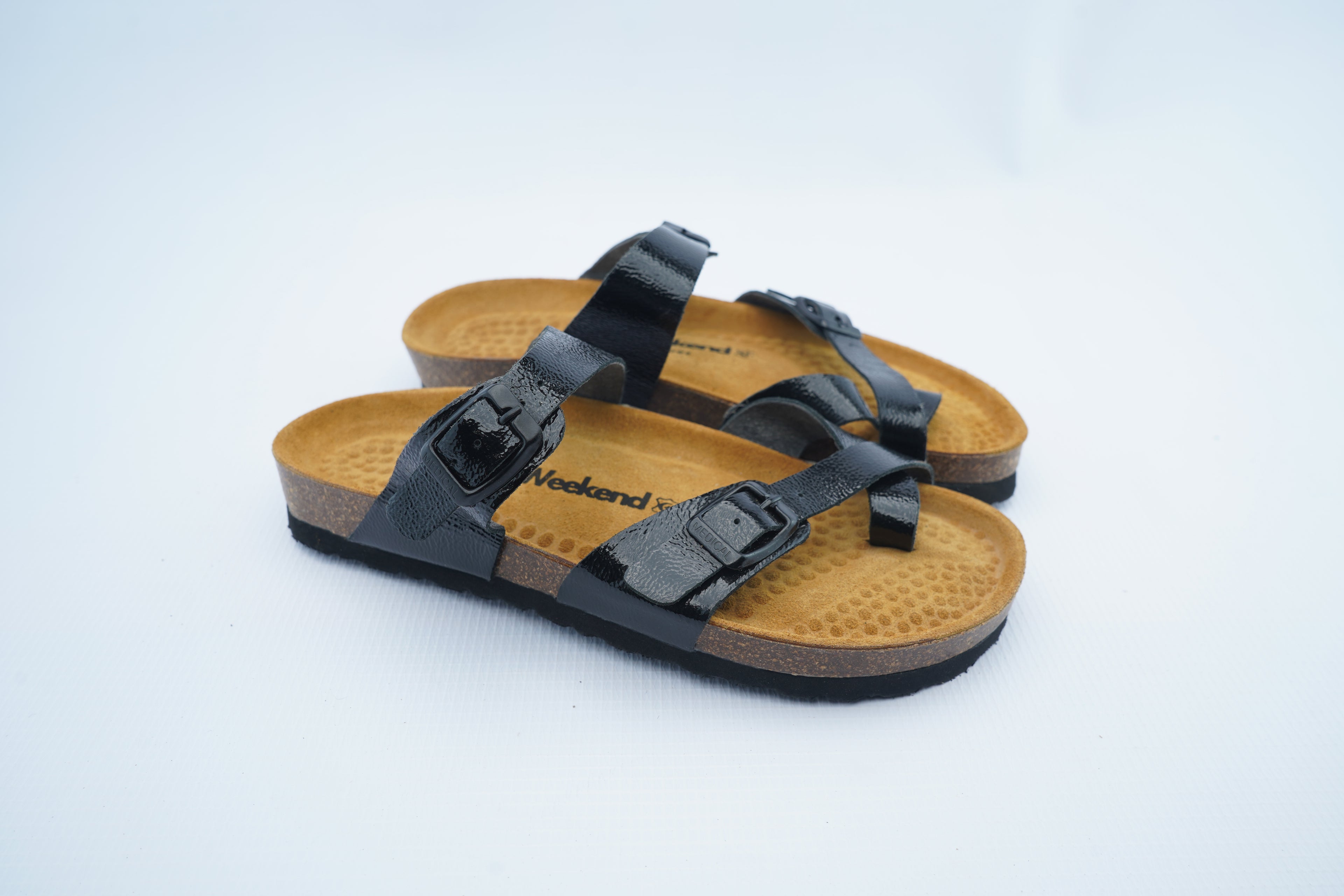 Women’s Black Glossy Orthopedic Sandals | Double Buckle Toe-Post Comfort