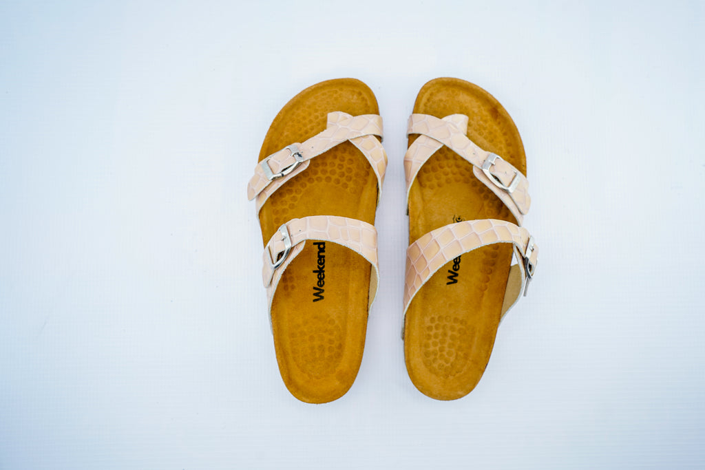 Women’s Beige Crocodile Pattern Orthopedic Cross Strap Sandals | Double Buckle Slippers