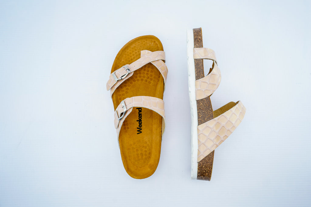 Women’s Beige Crocodile Pattern Orthopedic Cross Strap Sandals | Double Buckle Slippers