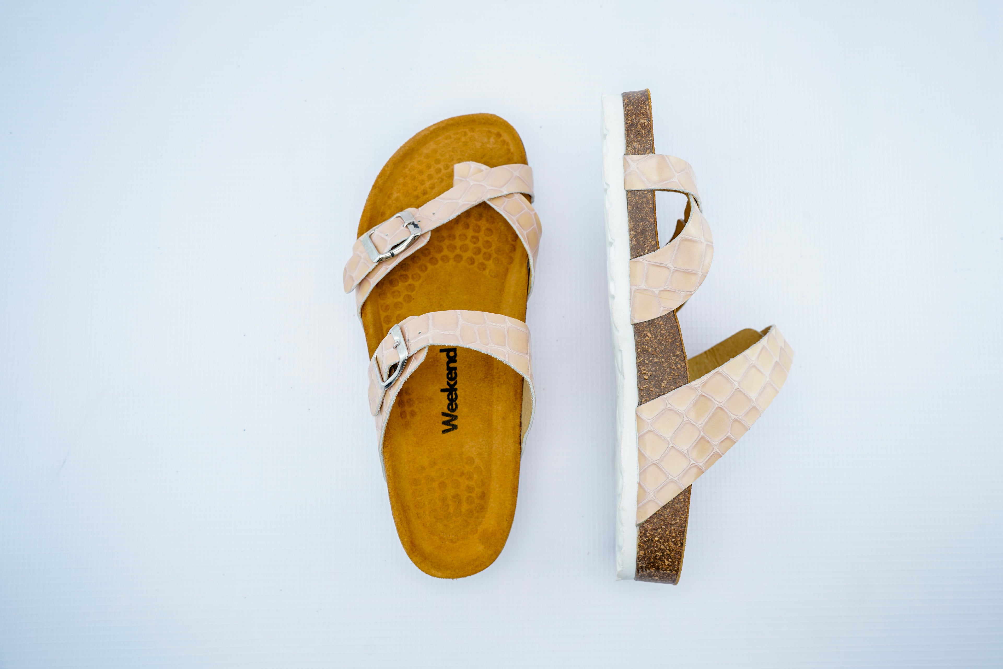 Women’s Beige Crocodile Pattern Orthopedic Cross Strap Sandals | Double Buckle Slippers