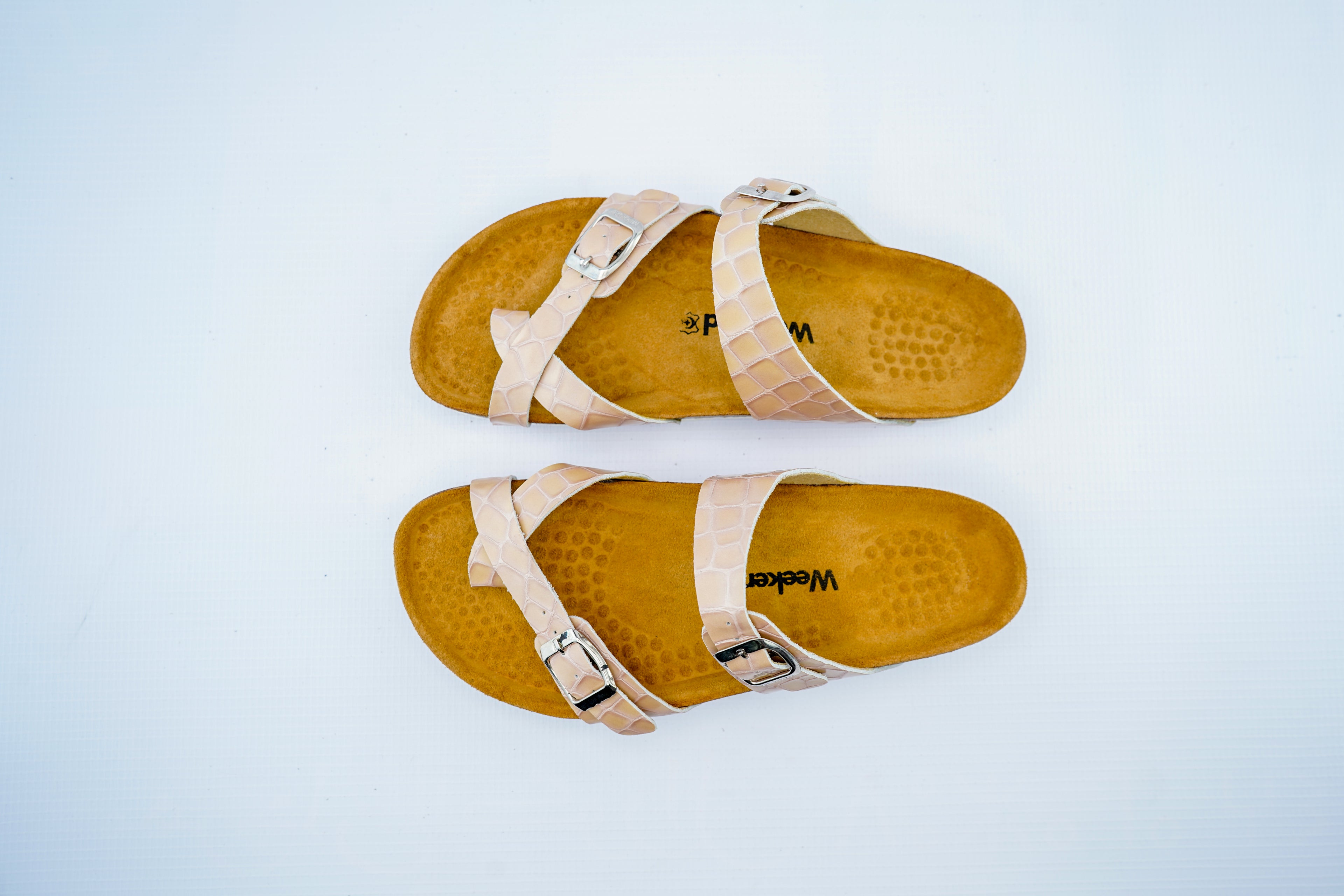 Women’s Beige Crocodile Pattern Orthopedic Cross Strap Sandals | Double Buckle Slippers