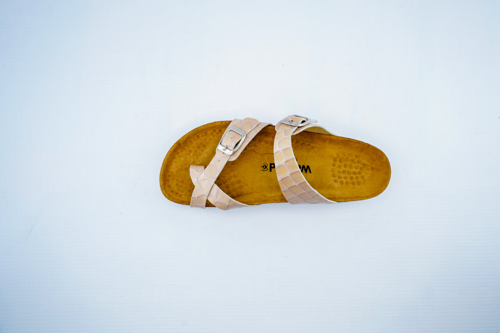 Women’s Beige Crocodile Pattern Orthopedic Cross Strap Sandals | Double Buckle Slippers