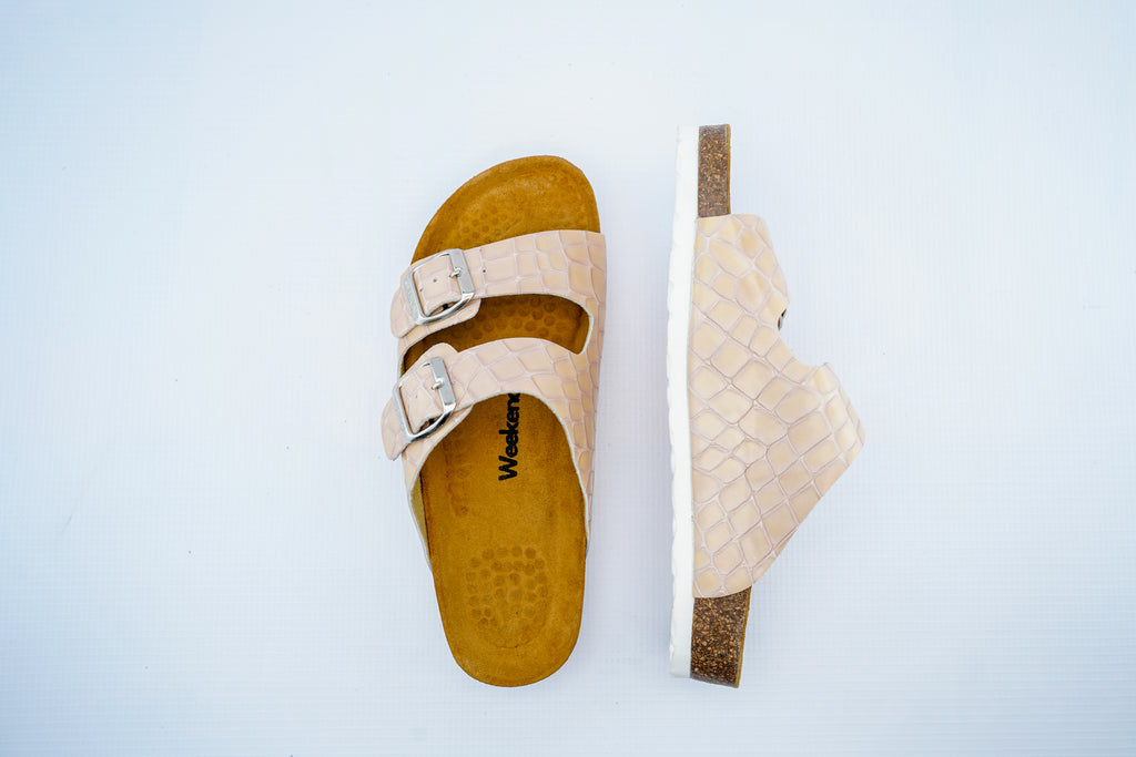 Women’s Beige Double Strap Medical Sandals | Crocodile Pattern Orthopedic Slippers