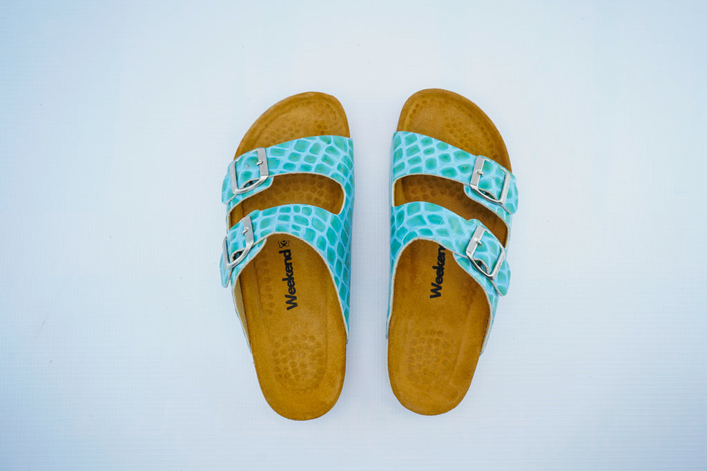 Luxury Double-Strap Leather Sandals – Turquoise Comfort Slide