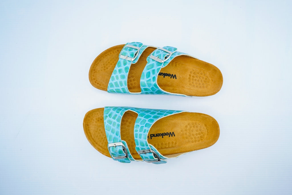 Luxury Double-Strap Leather Sandals – Turquoise Comfort Slide