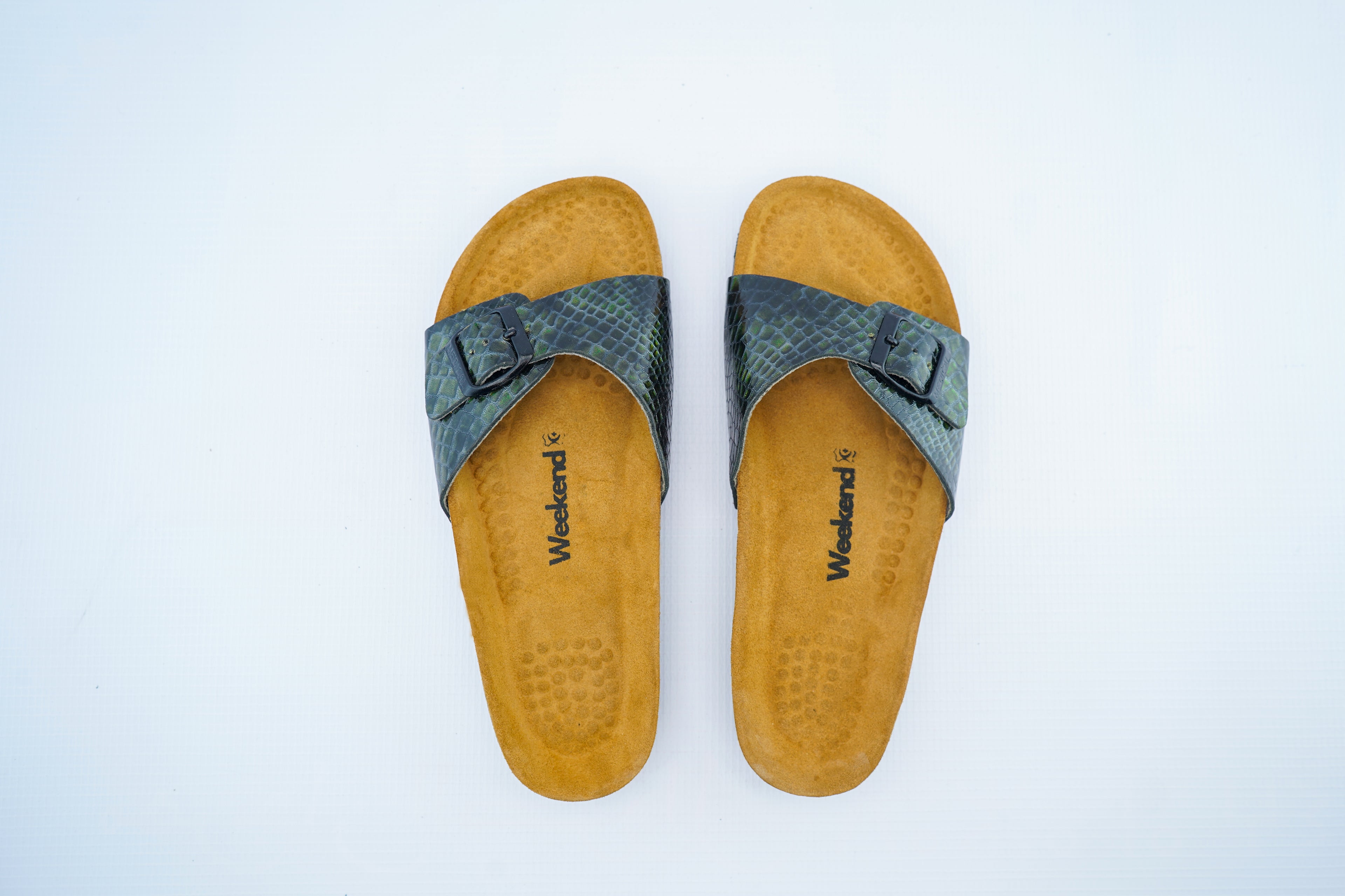 Green Snake Leather Slide – Single Strap Medical Comfort Sandals for Women