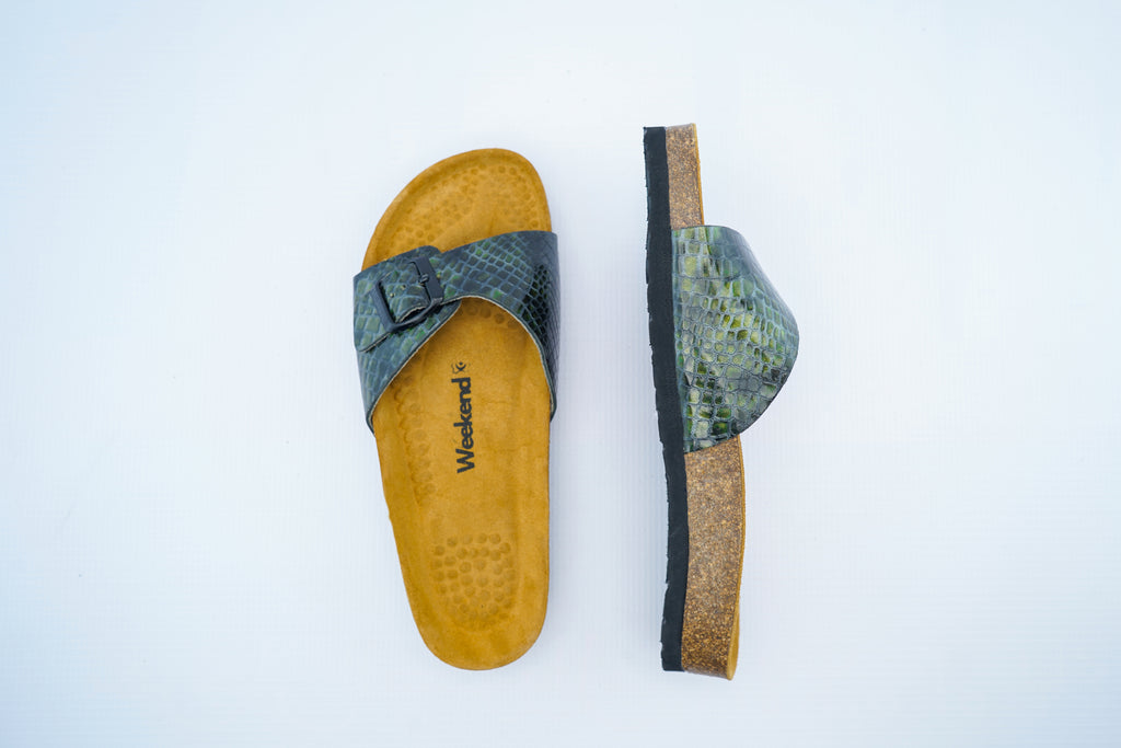 Green Snake Leather Slide – Single Strap Medical Comfort Sandals for Women