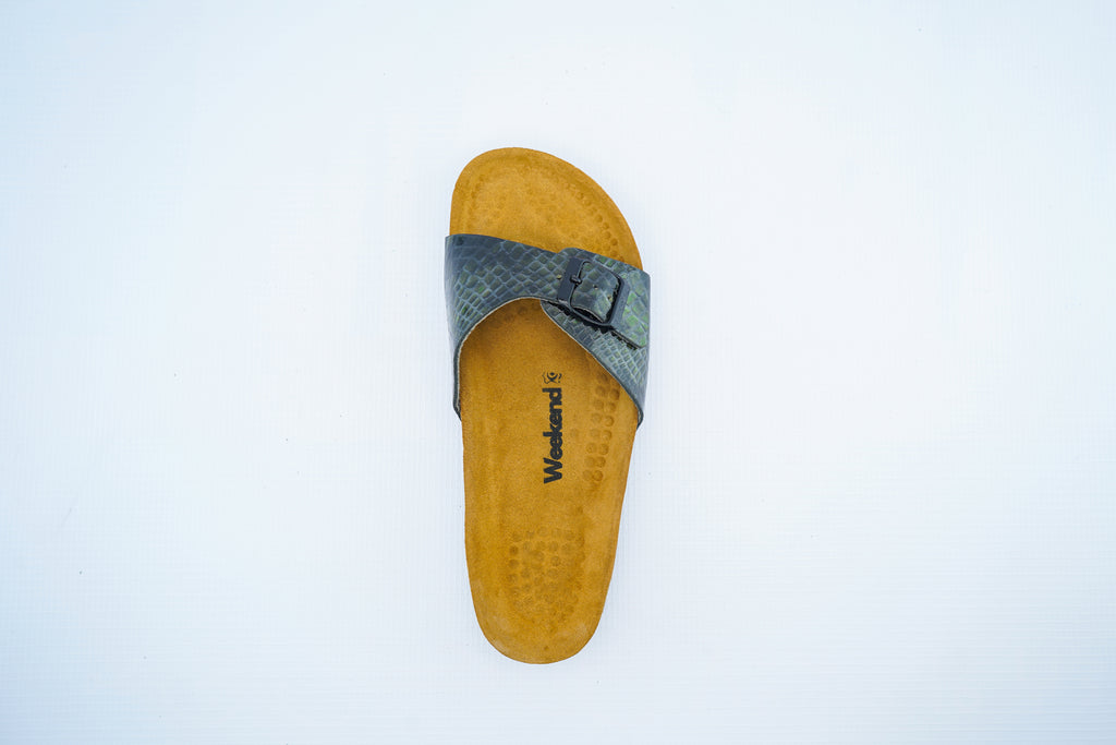 Green Snake Leather Slide – Single Strap Medical Comfort Sandals for Women