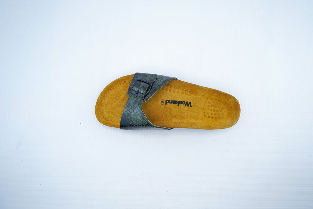 Green Snake Leather Slide – Single Strap Medical Comfort Sandals for Women