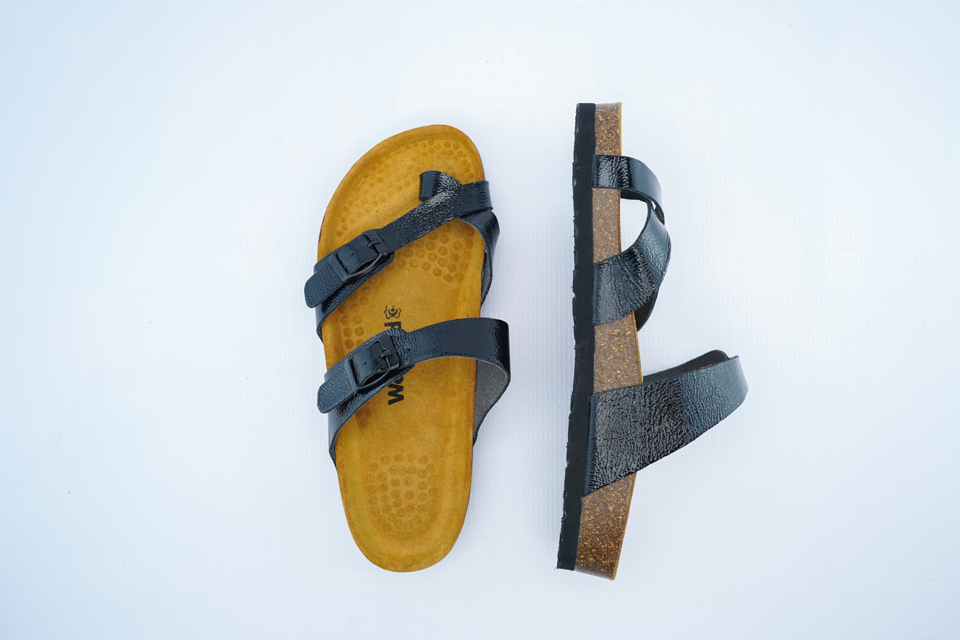 Women’s Black Glossy Orthopedic Sandals | Double Buckle Toe-Post Comfort