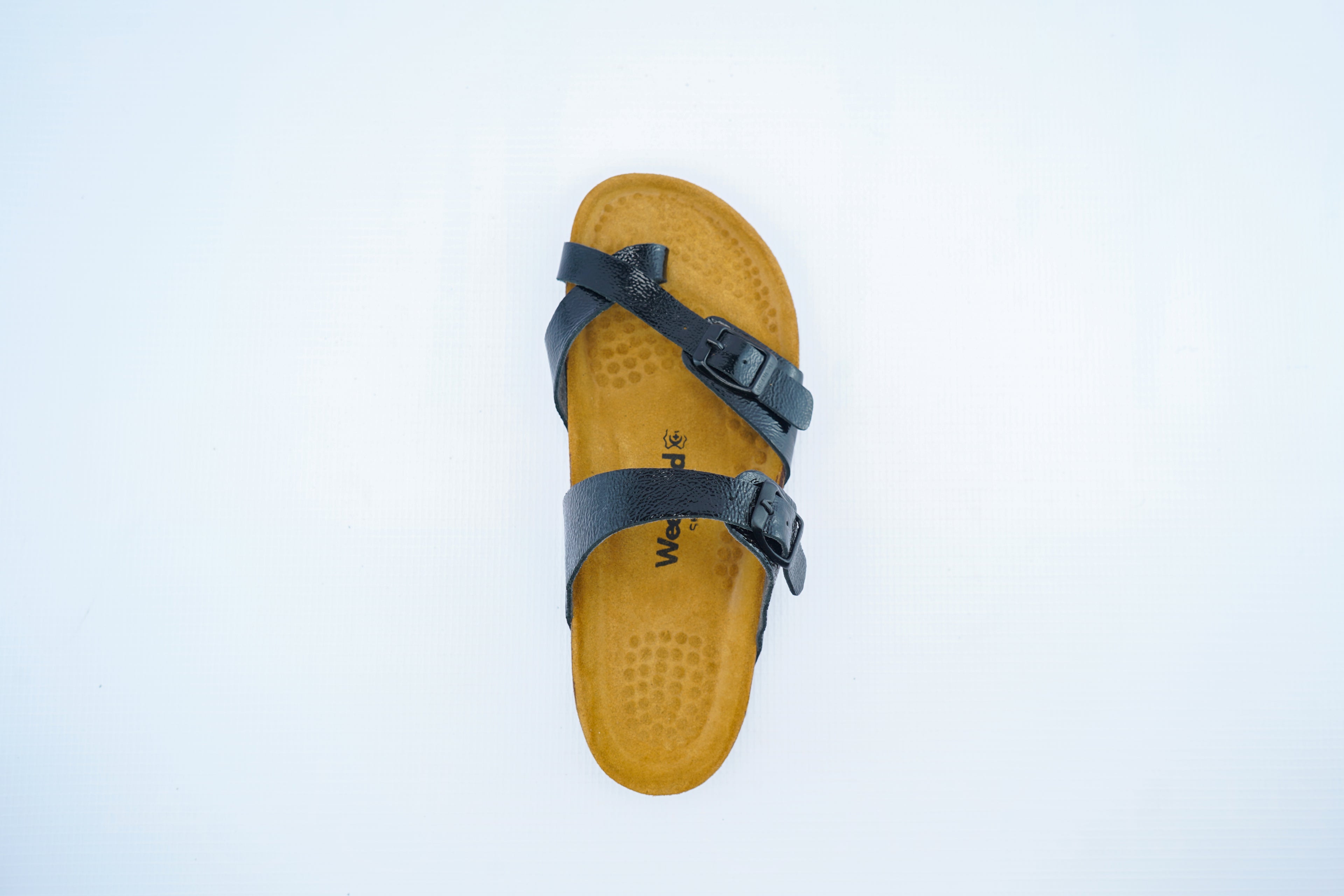 Women’s Black Glossy Orthopedic Sandals | Double Buckle Toe-Post Comfort