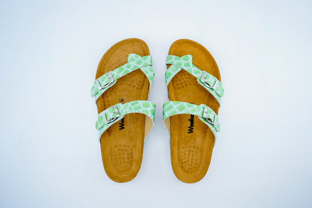Women’s Triple Strap Green Medical Sandals | Orthopedic Croc Pattern Comfort Slides