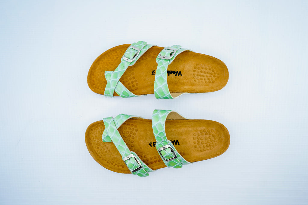 Women’s Triple Strap Green Medical Sandals | Orthopedic Croc Pattern Comfort Slides
