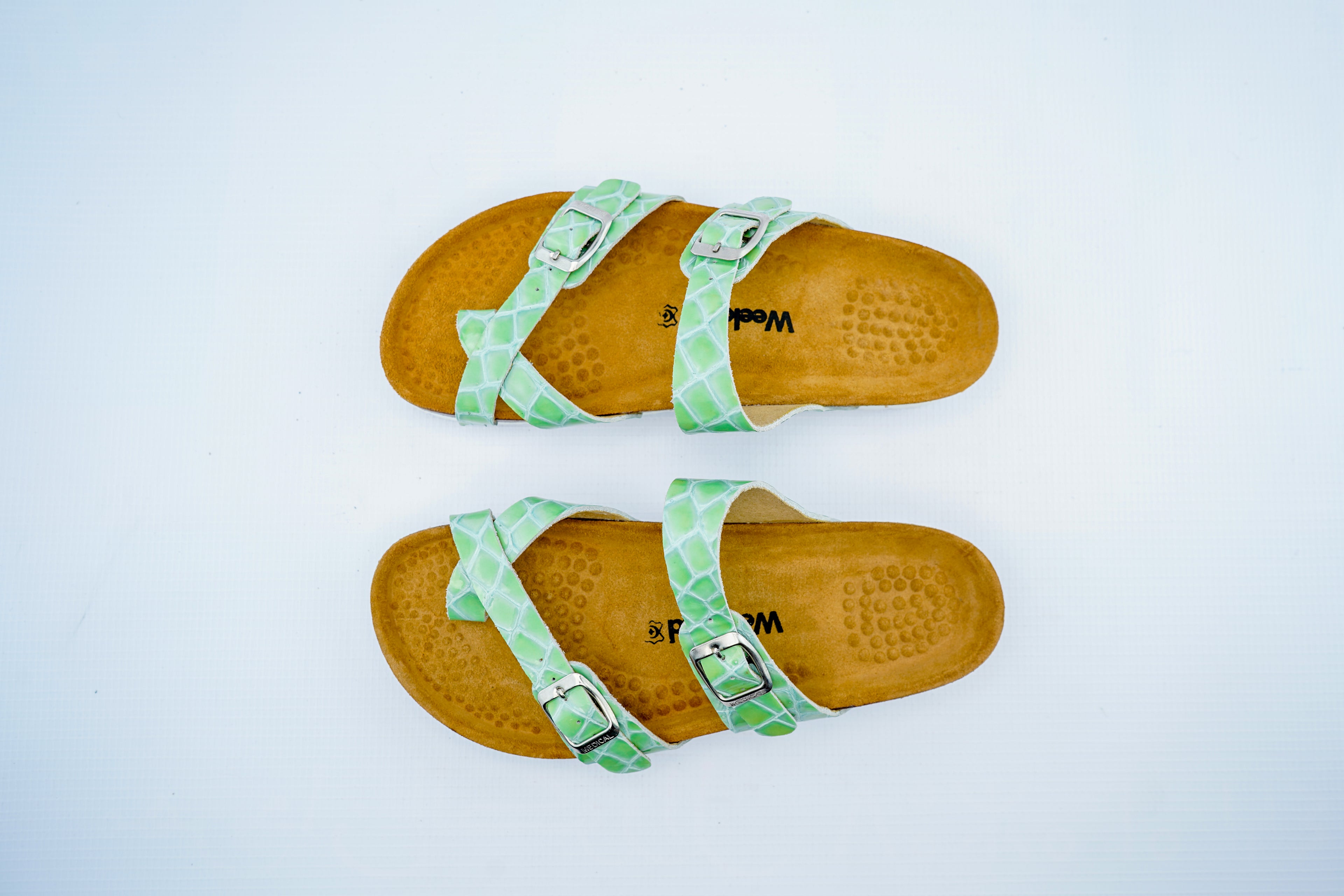 Women’s Triple Strap Green Medical Sandals | Orthopedic Croc Pattern Comfort Slides
