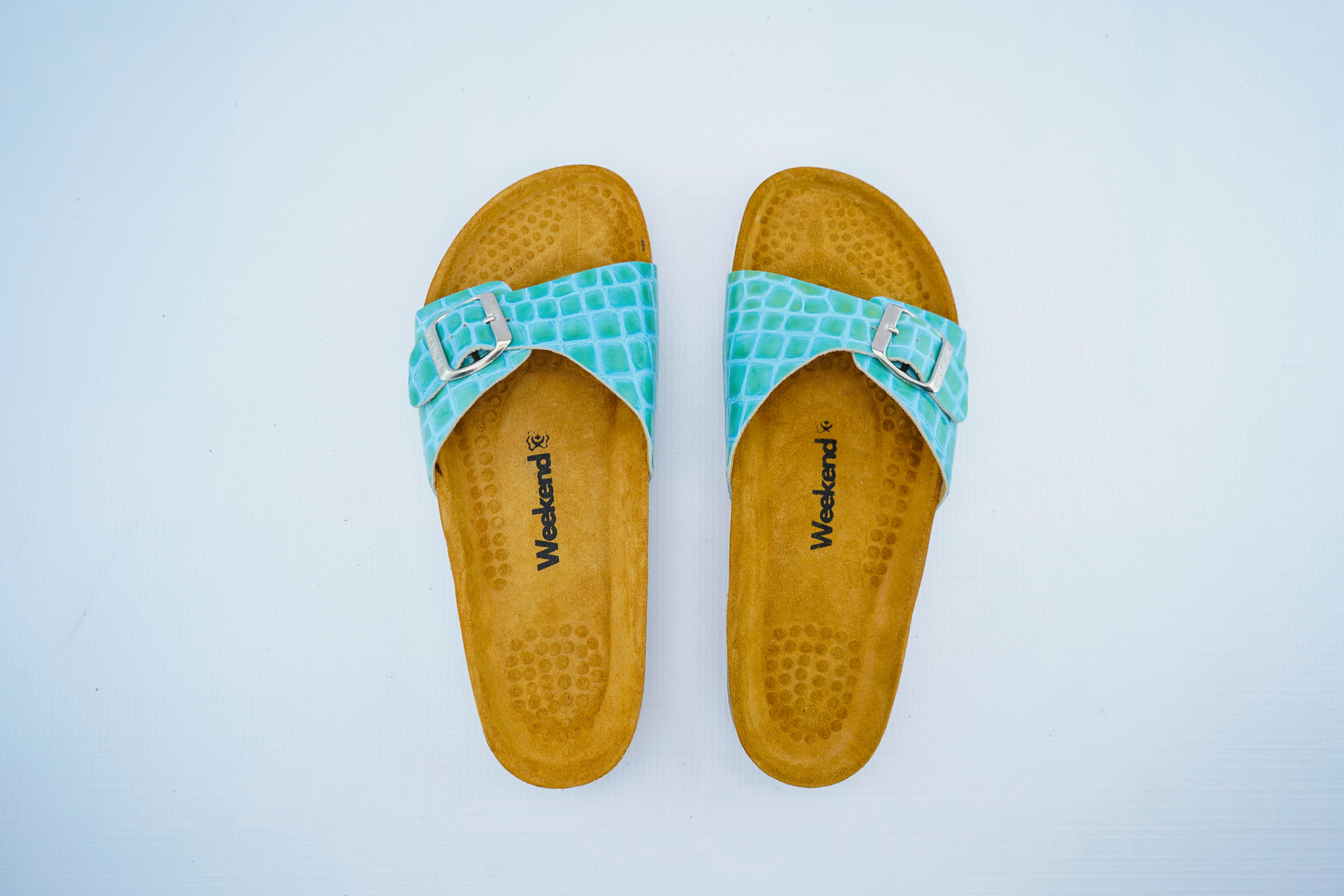 Turquoise Croc Leather Slide – Comfort Medical Sandals for Women