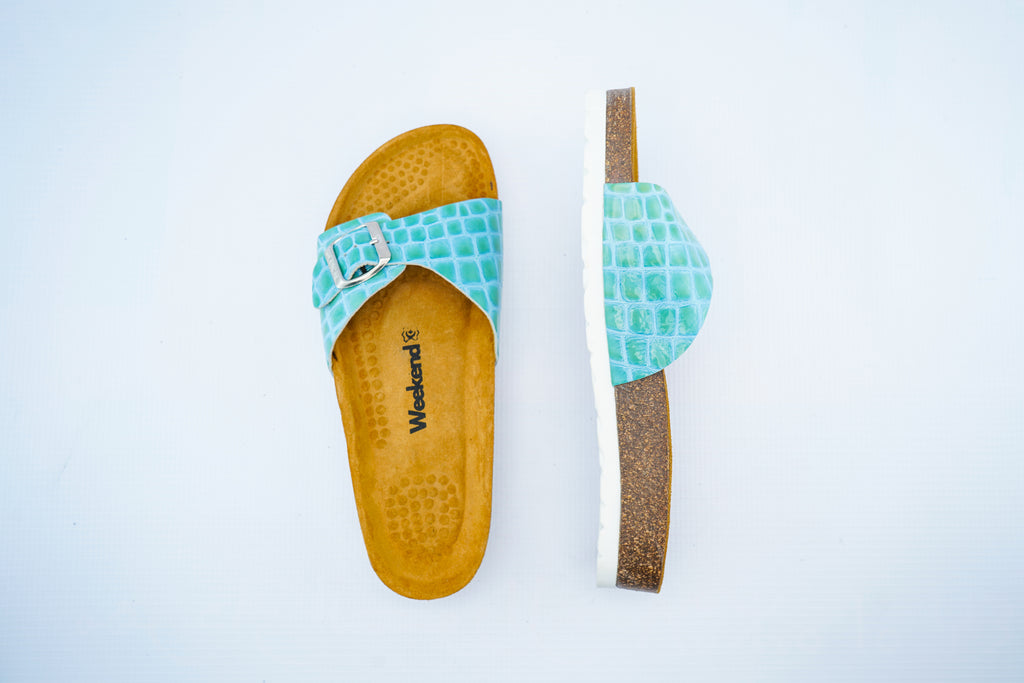 Turquoise Croc Leather Slide – Comfort Medical Sandals for Women