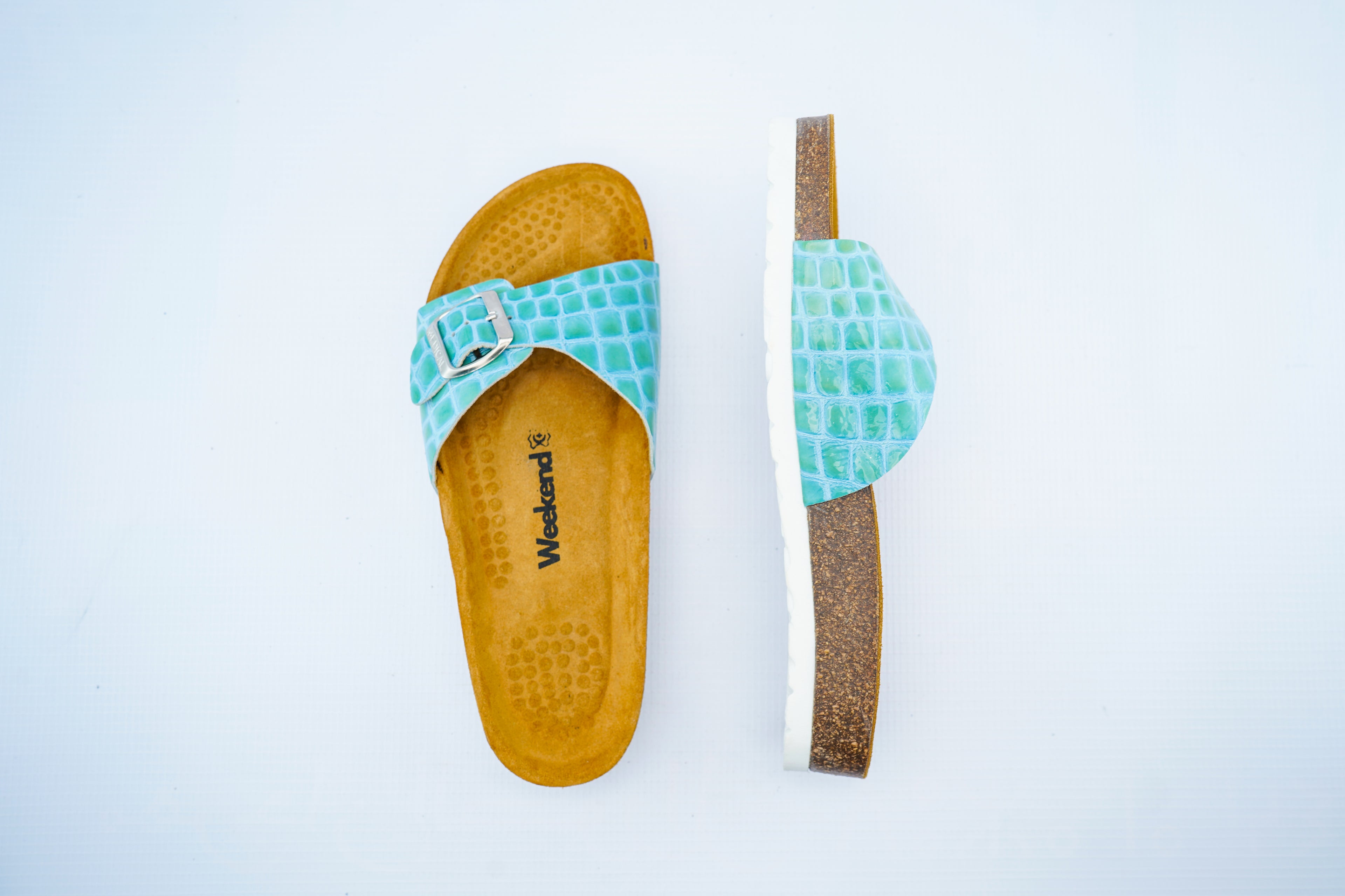 Turquoise Croc Leather Slide – Comfort Medical Sandals for Women
