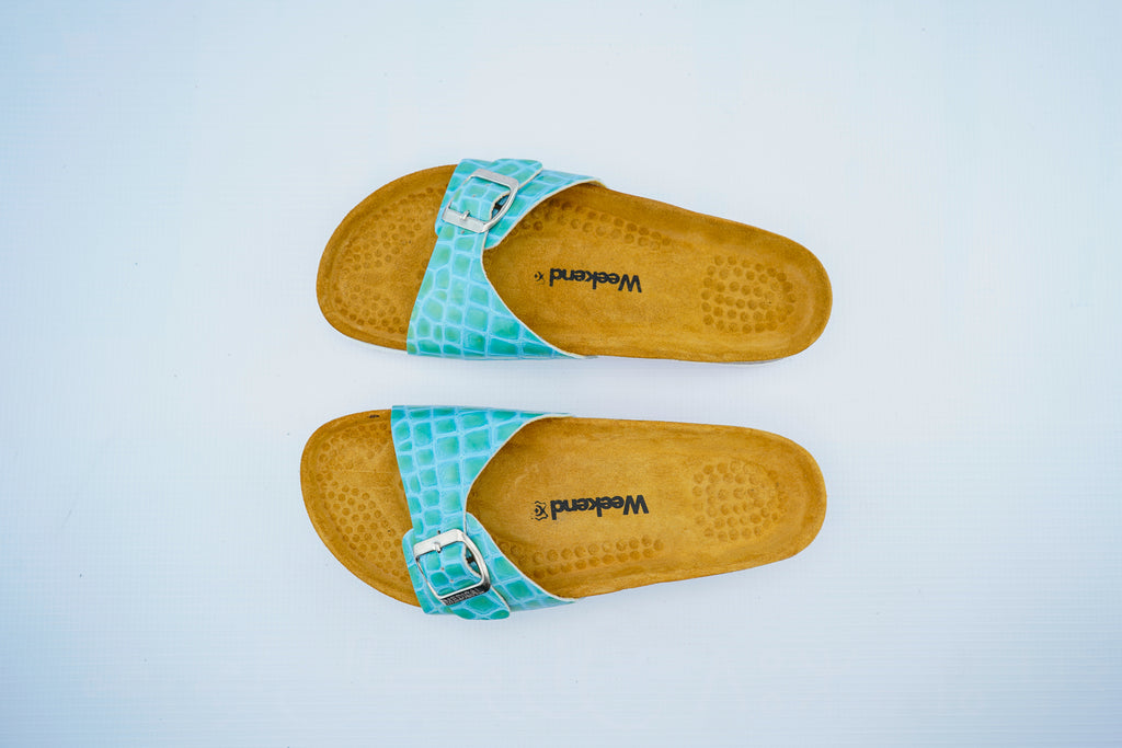Turquoise Croc Leather Slide – Comfort Medical Sandals for Women